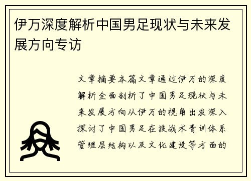 伊万深度解析中国男足现状与未来发展方向专访 伊万深度解析中国男足现状与未来发展方向专访