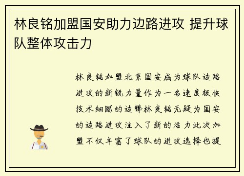 林良铭加盟国安助力边路进攻 提升球队整体攻击力